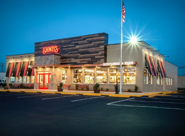 The exterior of a Shoney's Kitchen and Bar location.