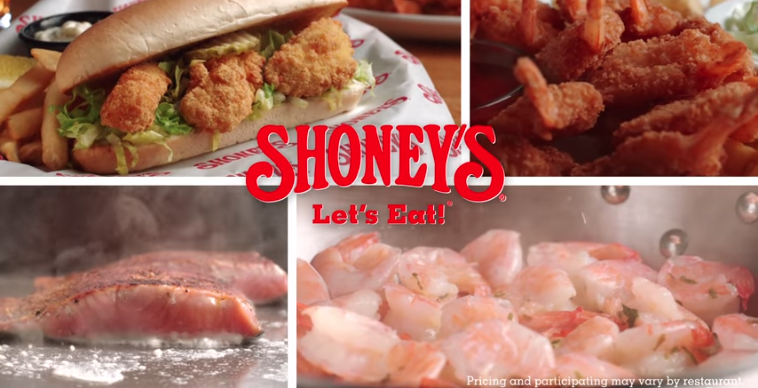 "Shoney's Let's Eat" on top of several photographs of food.